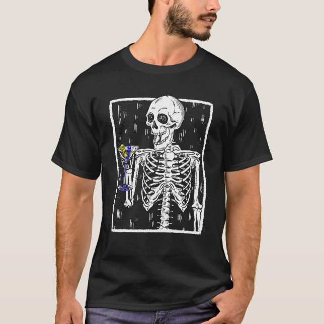 Camiseta Engraçado Bebendo Skeleton Martini Cocktail Hallow (Frente)