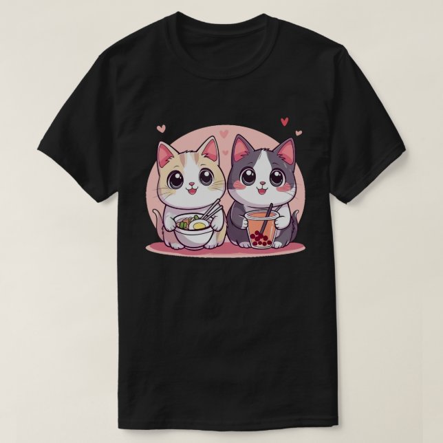 Camiseta Engraçado Boba Ramen Gata Kawaii Anime Japão Cute  (Frente do Design)