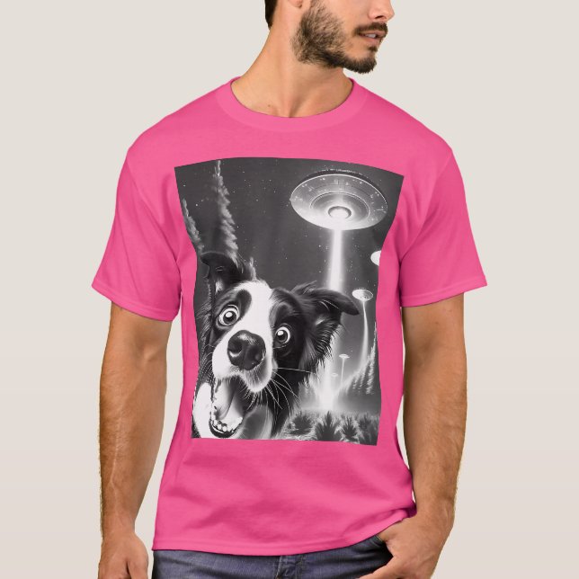 Camiseta Engraçado Borda Collie Alienígena Ufo Tomando Um C (Frente)