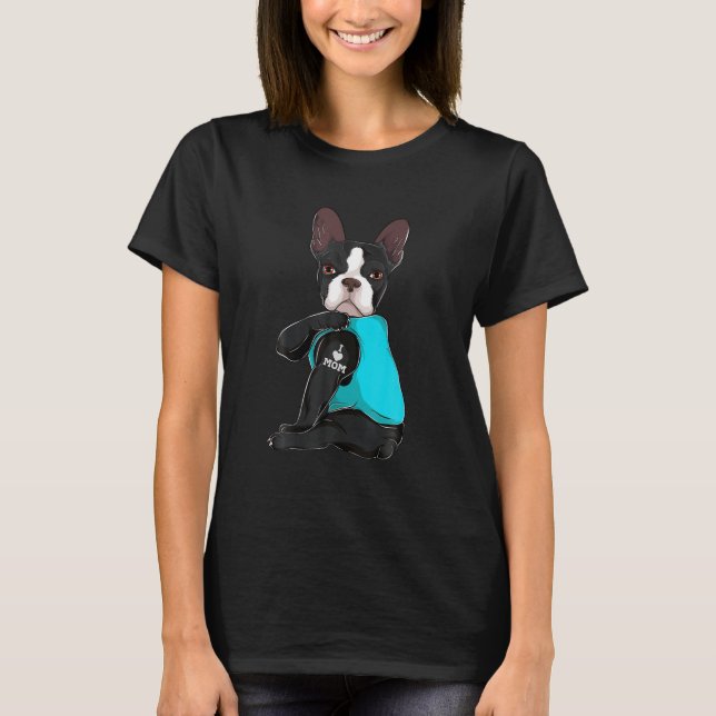 Camiseta Engraçado Boston Terrier Eu Amo Mãe Roupa Cachorro (Frente)