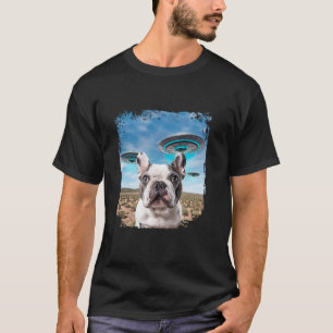 Camiseta Engraçado Cachorro Francês Cachorro Selfie com OVN