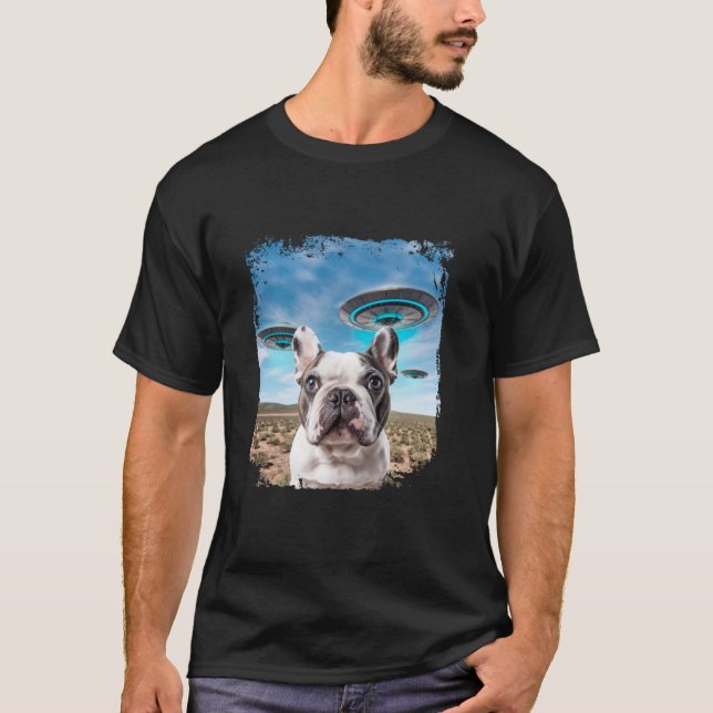 Camiseta Engraçado Cachorro Francês Cachorro Selfie com OVN (Frente)