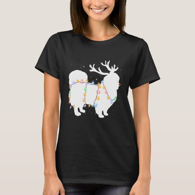 Camiseta Engraçado Cachorro Pekingês Árvore de Natal Luzes  (Frente)
