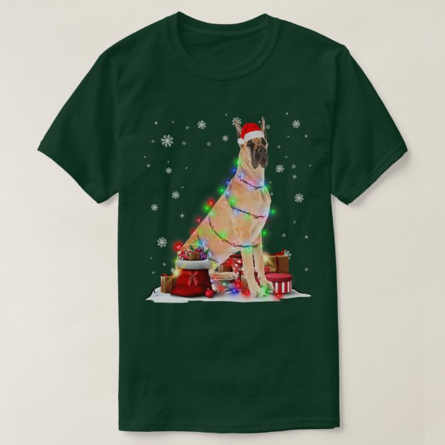 Camiseta Engraçado Cachorro-Sem-Pano Árvore de Natal Luzes  (Frente do Design)