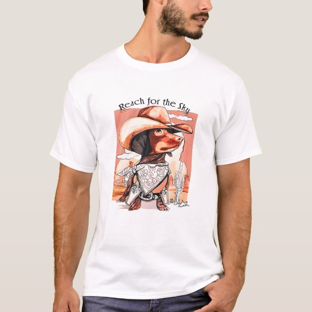 Camiseta Engraçado Cachshund Cowboy Hat Reach Sky Western P (Frente)