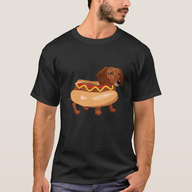 Camiseta Engraçado Cachshund Hot Dog Comida Rápida (Frente)