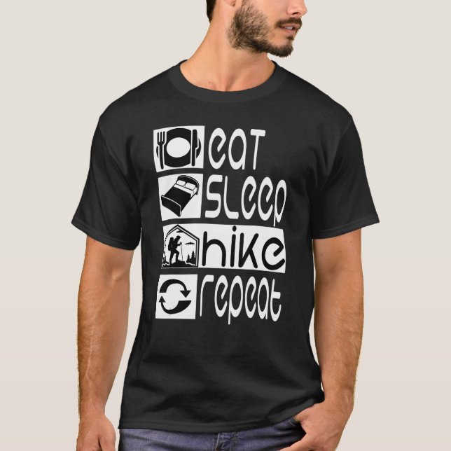 Camiseta Engraçado Caminhando Coma Dormir Repetir Hiker Eng (Frente)