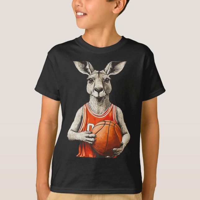 Camiseta Engraçado Canguru Com Costume De Basquete E Jersey (Frente)