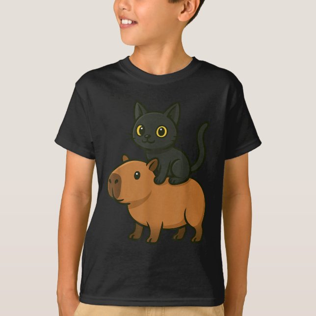 Camiseta Engraçado Capybara Black Cat Amante de os animais  (Frente)