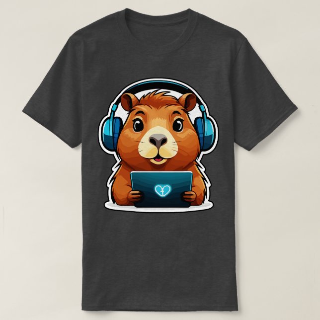 Camiseta Engraçado Capybara com Computador (Frente do Design)