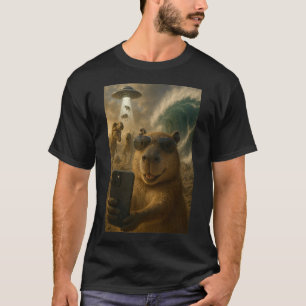 Camiseta Engraçado Capybara Selfie Meme com Dinossauros
