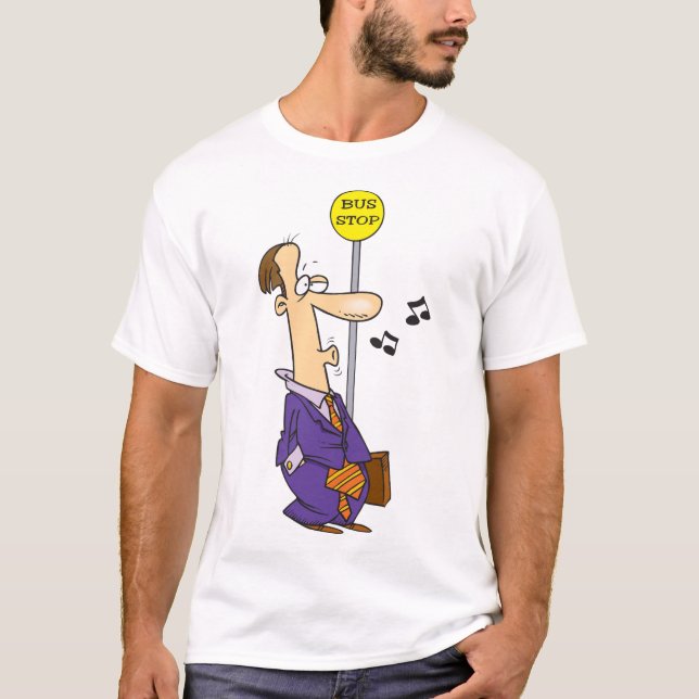 Camiseta Engraçado Cartoon Businessman no Bus Stop (Frente)
