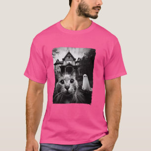 Camiseta Engraçado Cat Selfie Ghost Halloween House Foto Ha