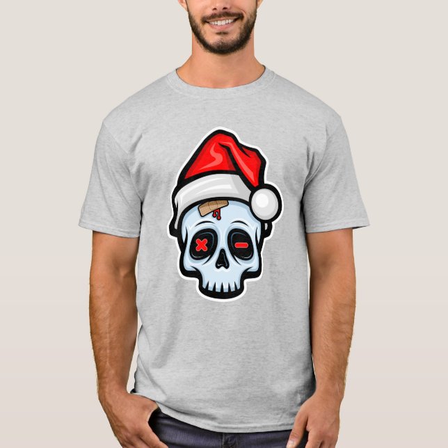 Camiseta Engraçado Caveira de Natal, Estilo de Cartoon (Frente)