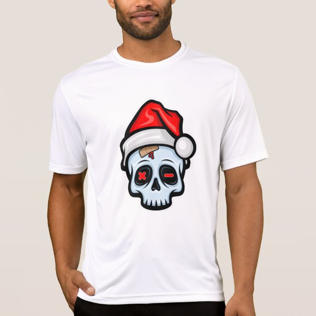 Camiseta Engraçado Caveira de Natal, Estilo de Cartoon (Frente)