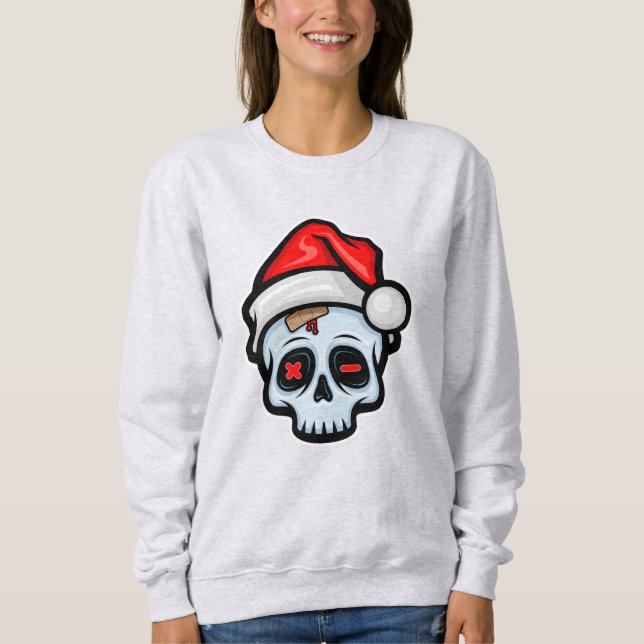 Camiseta Engraçado Caveira de Natal, Estilo de Cartoon (Frente)