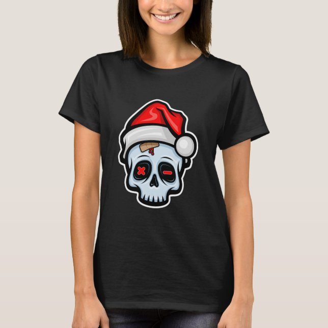 Camiseta Engraçado Caveira de Natal, Estilo de Cartoon (Frente)