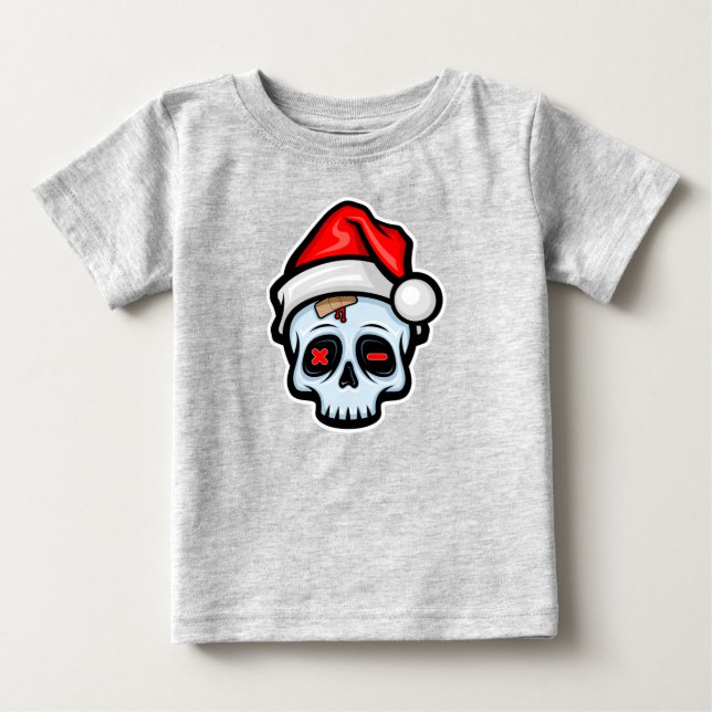 Camiseta Engraçado Caveira de Natal, Estilo de Cartoon (Frente)