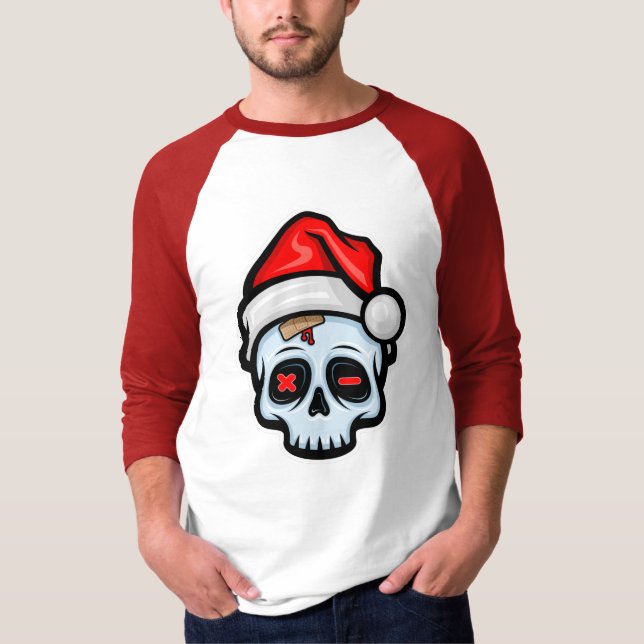 Camiseta Engraçado Caveira de Natal, Estilo de Cartoon (Frente)