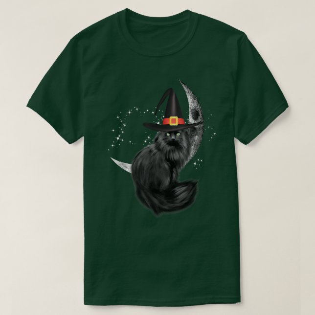 Camiseta Engraçado Chapéu de Bruxa Negra E Lua Assustador H (Frente do Design)