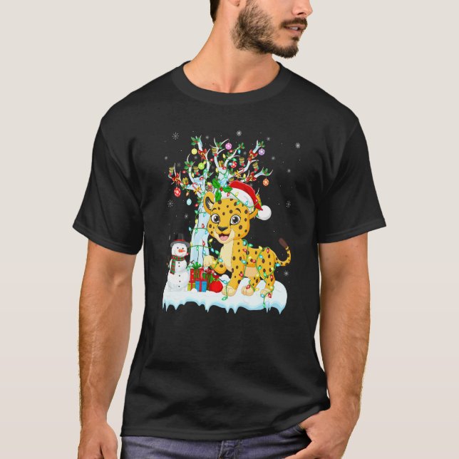 Camiseta Engraçado Cheetah Xmas Tree iluminando Santa Hat C (Frente)