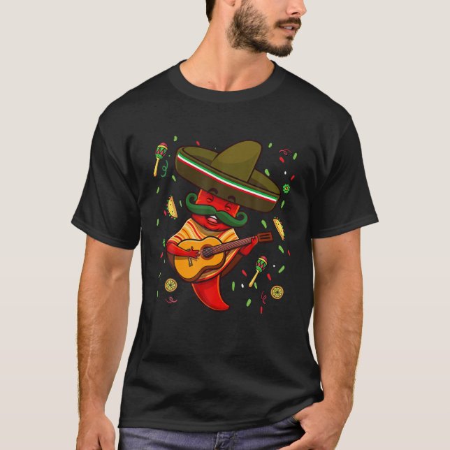 Camiseta Engraçado Chili Mariachi Hot Pepper Sombrero Cinco (Frente)