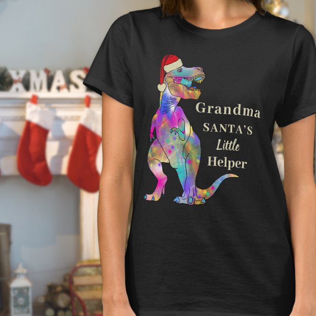 Camiseta Engraçado Citação da Avó do Dinossauro de Natal (Grandma Santa’s little helper quote funny Christmas dinosaur  T-shirt T-Rex wearing a Santa hat )