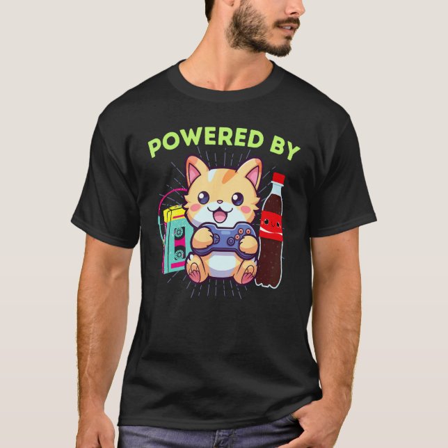 Camiseta Engraçado com Poder de Gamer Gato Refrigerante & O (Frente)