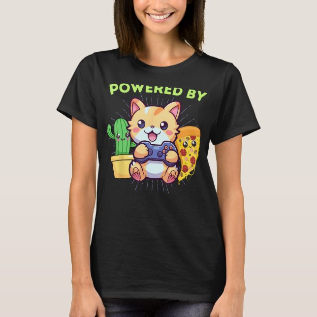 Camiseta Engraçado com Poder de Gato Gamer Planta Pizza Jog (Frente)