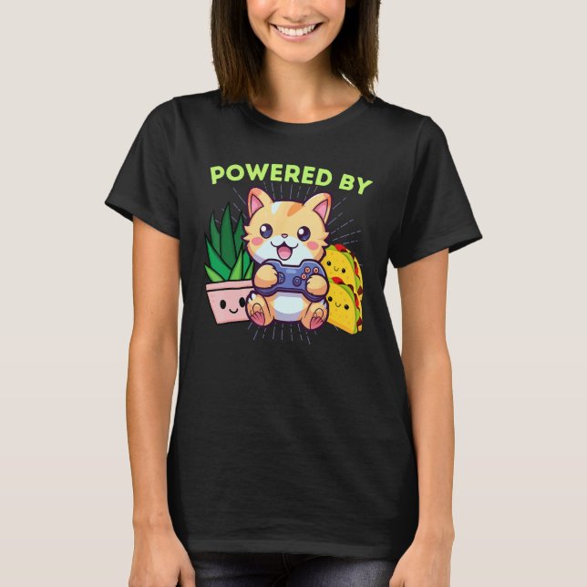 Camiseta Engraçado com Poder de Gatos Plantas e Tacos  Jogo (Frente)