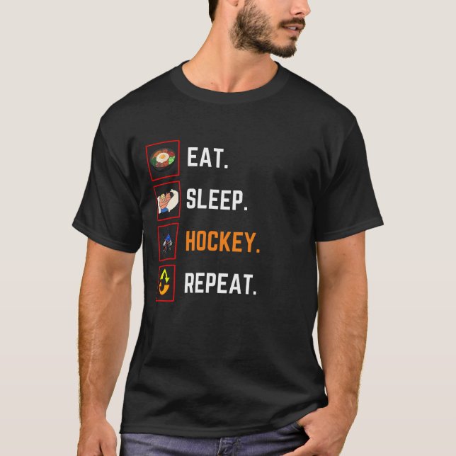 Camiseta Engraçado Comer Hockey com Sono Repito Presente (Frente)