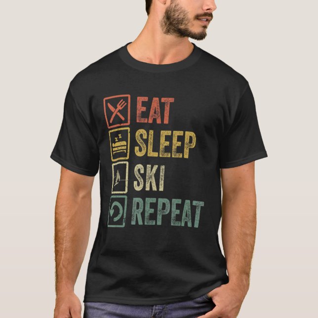 Camiseta Engraçado Comer Sleep Esquiar Repetir Retro Esquia (Frente)
