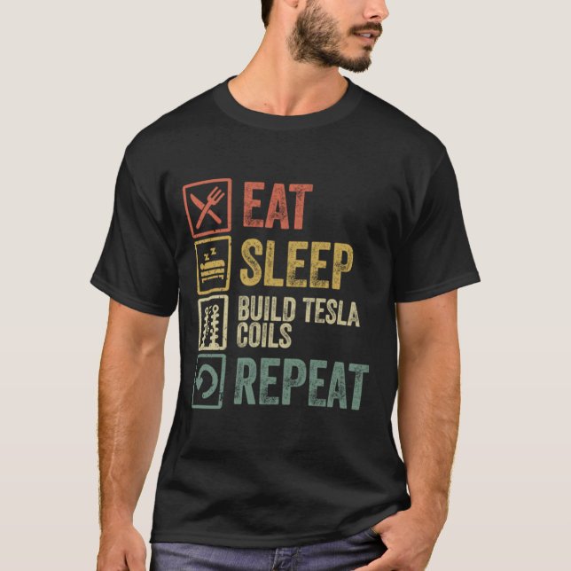 Camiseta Engraçado comer sono construir bobinas tesis repet (Frente)