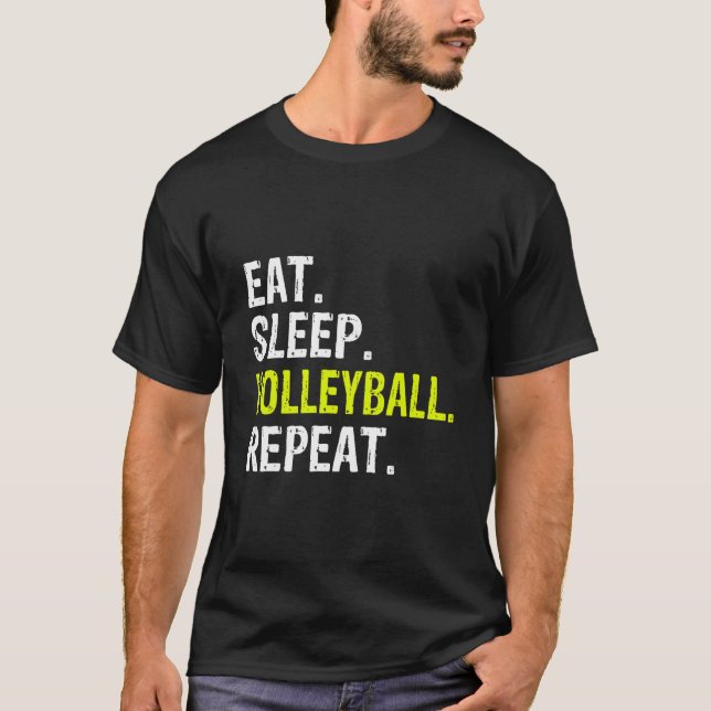 Camiseta Engraçado Comer Sono Voleibol Repito Presente (Frente)