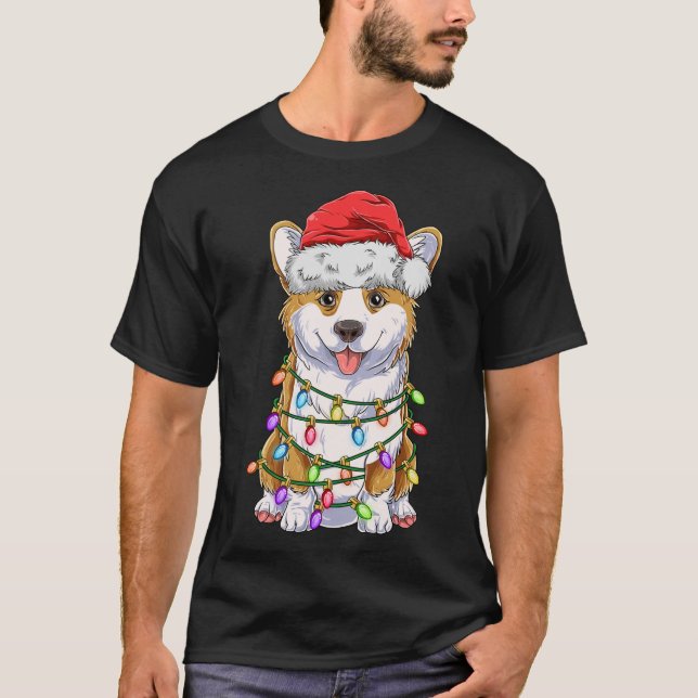 Camiseta Engraçado Corgi Natal Lights Dott Santa Hat D (Frente)