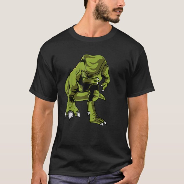 Camiseta Engraçado Corpo de Dinossauro Sem Cabeça Halloween (Frente)