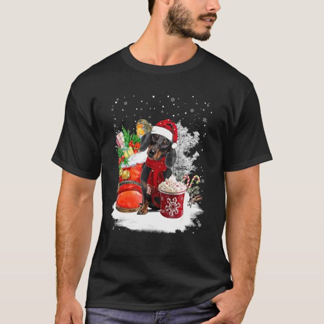 Camiseta Engraçado Dachshund Cão Calçado de Natal Santa Hat (Frente)