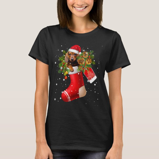 Camiseta Engraçado Dachshund Em Sock Christmas Santa Hat Xm (Frente)