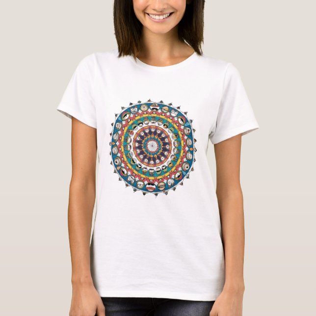 Camiseta Engraçado Design de Mandala com Cartoons Whimsical (Frente)