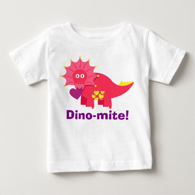 Camiseta Engraçado Dino-mite! Dinossauro Vermelho e Púrpura (Frente)