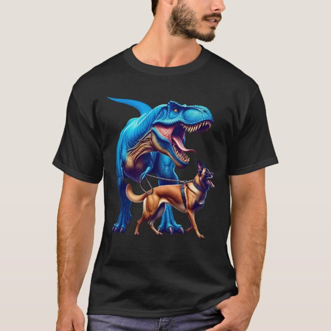 Camiseta Engraçado Dinossauro Belga Malinois Caminhando Cac (Frente)