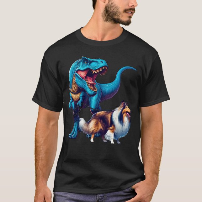 Camiseta Engraçado Dinossauro Collie Andando Cachorro (Frente)