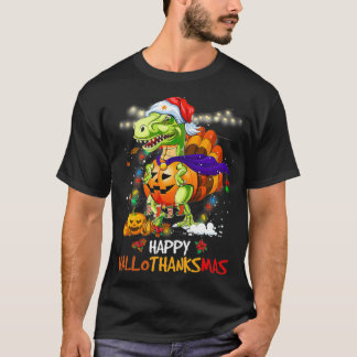 Camiseta Engraçado Dinossauro Feliz Hallothanksmas Ação de 