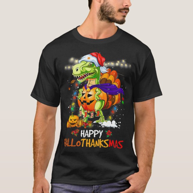 Camiseta Engraçado Dinossauro Feliz Hallothanksmas Ação de  (Frente)