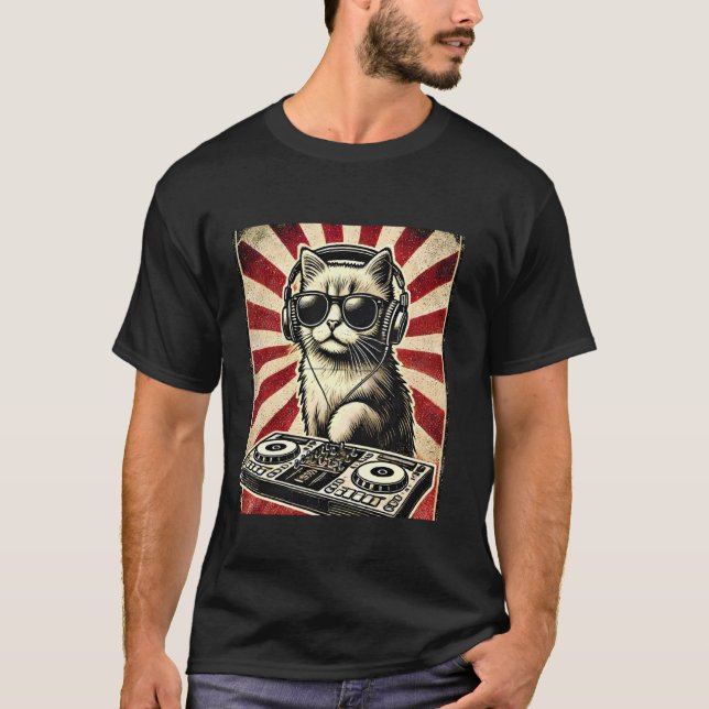 Camiseta Engraçado DJ Cat Disco Sound Tech (Frente)