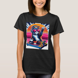 Camiseta Engraçado DJ Cat Groove Disco Sound Tech Headphone