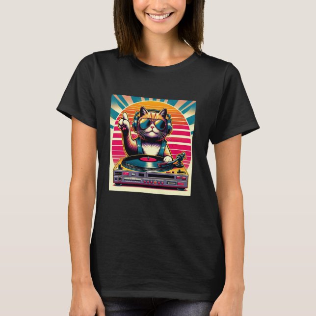 Camiseta Engraçado DJ Cat Groove Disco Sound Tech Headphone (Frente)