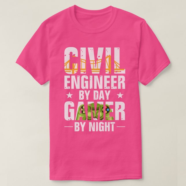 Camiseta Engraçado Engenheiro Civil Por Jogador De Dia Por  (Frente do Design)