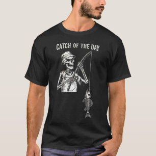 Camiseta Engraçado Esqueleto Pescando "Peixe do Dia"