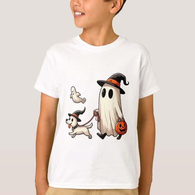 Camiseta Engraçado Fantasma Andando Cachorro Spooky Season  (Frente)
